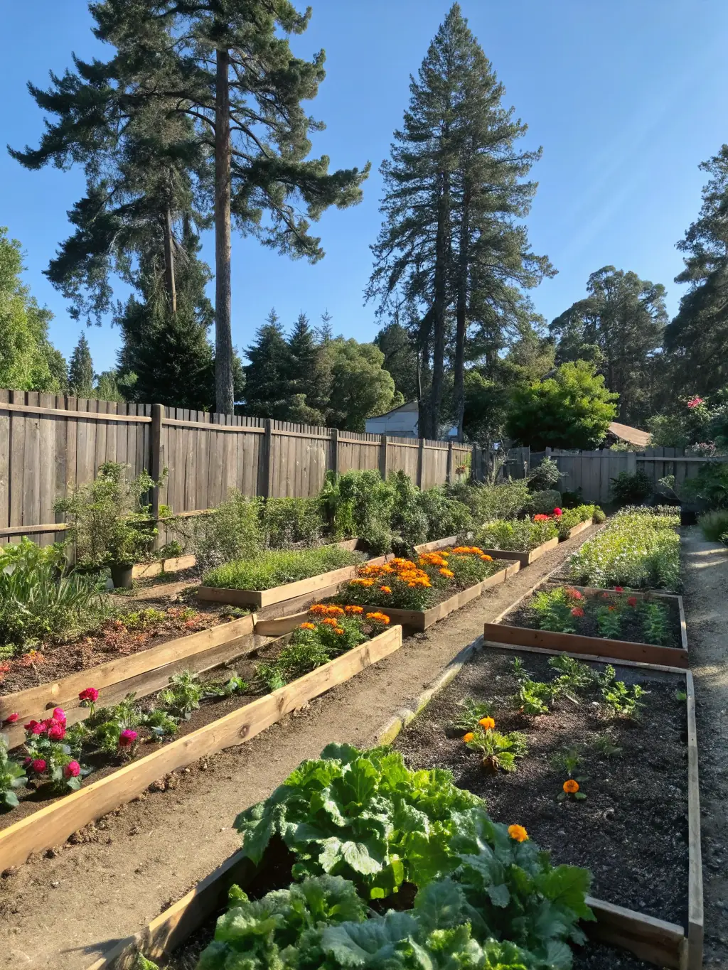 A vibrant image showcasing a flourishing home garden with various vegetables and herbs growing in raised beds, highlighting self-sufficient food production.