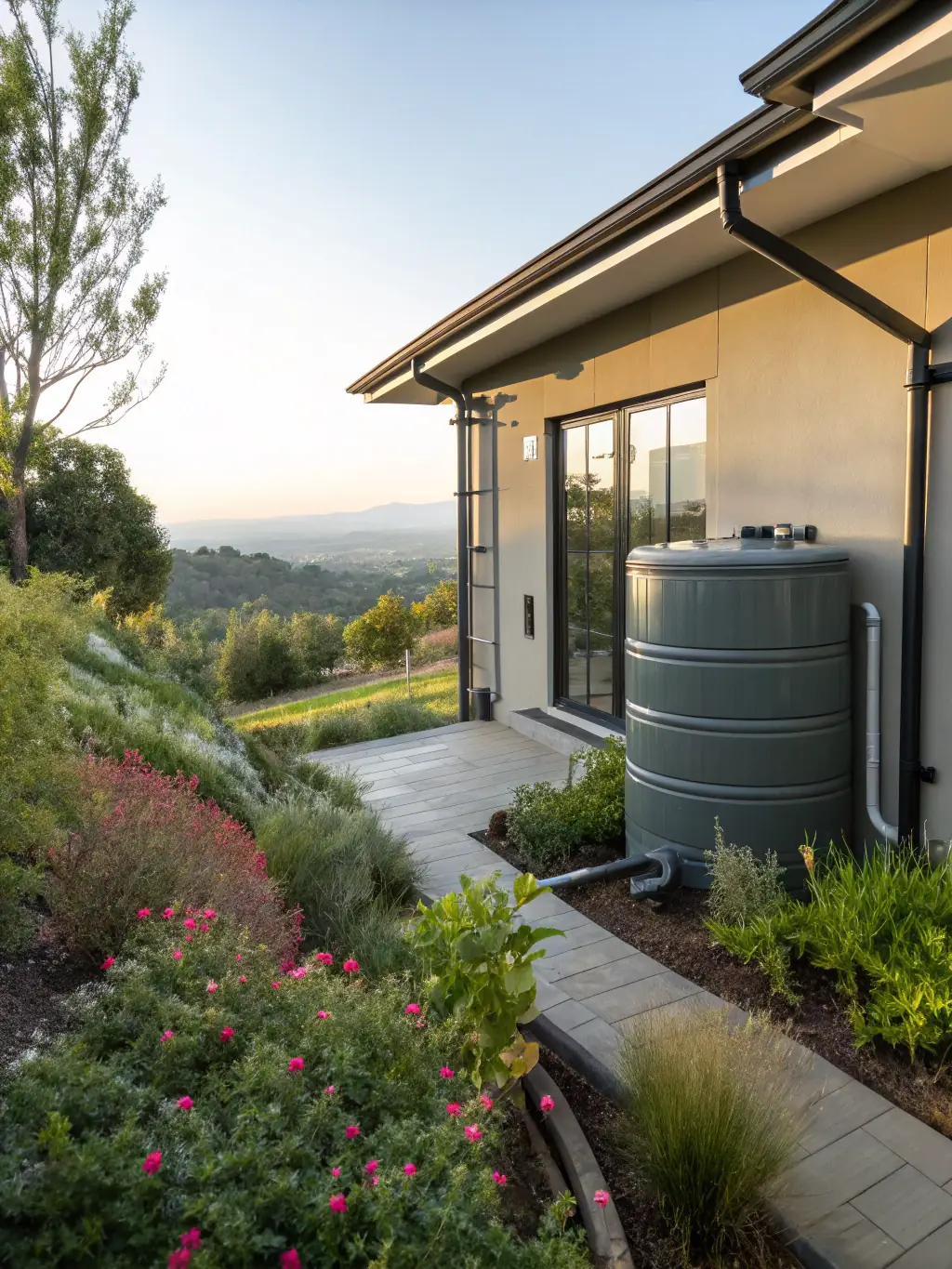 A clear, inviting image of a rainwater harvesting system connected to a home, emphasizing sustainable water solutions.